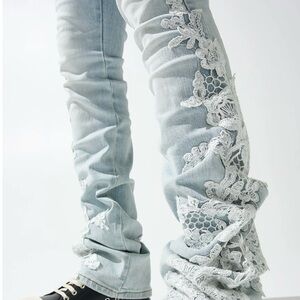 Light Blue Lace Embellished Women Jeans #Serenede